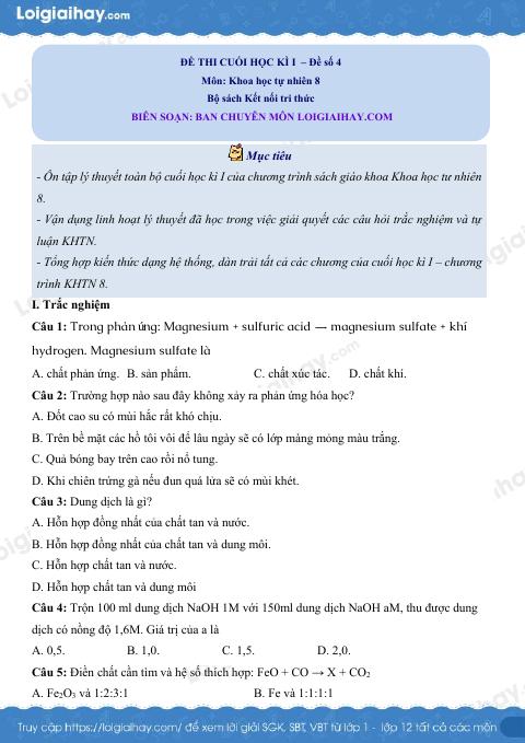 Đề thi học kì 1 KHTN 8 Kết nối tri thức - Đề số 4